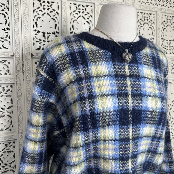 Paul Harris Design Plaid Blue Mohair Blend Fuzzy Grandpa Sweater Sz XL - Picture 2 of 7